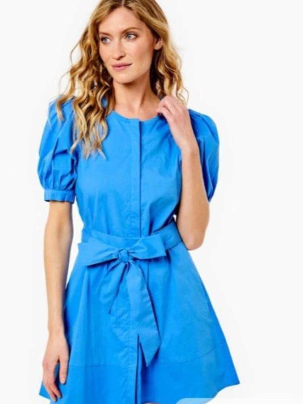 Addison Bay Cotton Poplin Galley Dress Sz XS Puff Sleeve Tie Waist Hidden Placke